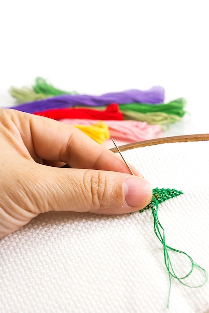 Hands holding embroidered fabric with needles
